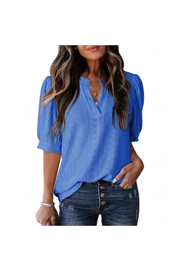 Spring Summer Casual Top for Women V-Neck Short Sleeve Hollow Out Fashion Bubble Sleeve Blouse, Blue S