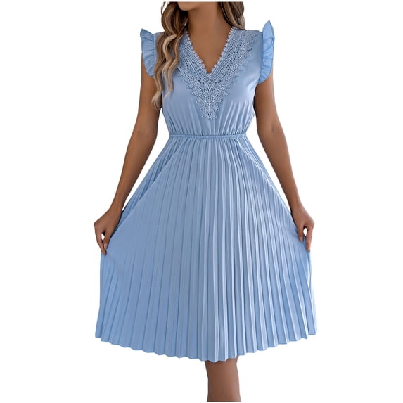 Staron Spring Summer Dresses for Women Casual Lace V-Neck Ruffled Waist Pleated Sleeveless Midi A-Line Cocktail Party Dress, Light Blue L