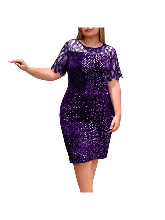 Spring Summer Dresses for Women Plus Size Sequin Casual Party Round Neck Short Sleeve Elegant Cocktail Night Out Dress