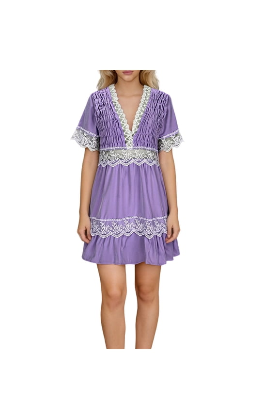 Spring Summer Fall Dresses for Women Lace Spliced V Neck Short Sleeve Casual Party Vacation Travel Cocktail Night Out Club Fashion Trendy Elegant A-Line Irregular Skirt, Purple XL