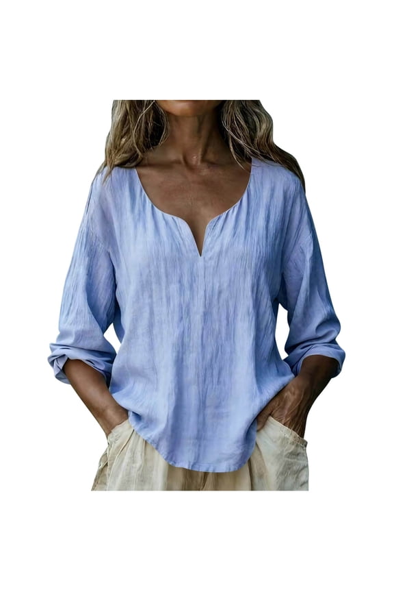 Spring Summer Fall Women's Casual V-Neck Short Sleeve Shirt Basic Loose Blouse Top, Light Blue M