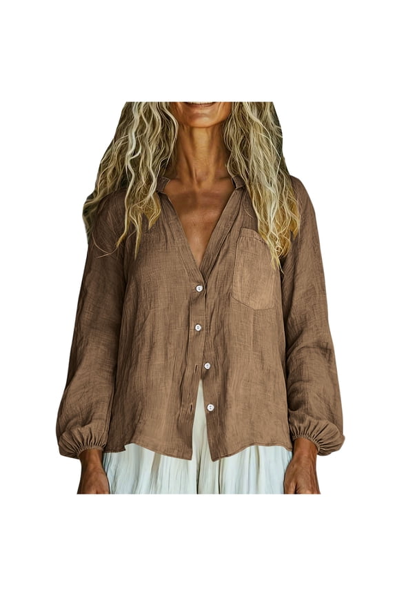 Spring Summer Linen Shirt for Women V-Neck Button-Up Cardigan with Pockets Casual Loose Short Sleeve Top, Brown M