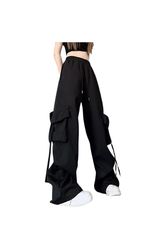 Spring Summer Women's Cargo Pants High Waist Drawstring Ankle Cuff Loose Fit Wide Leg Casual Comfy Stretchy with Pockets, Black L