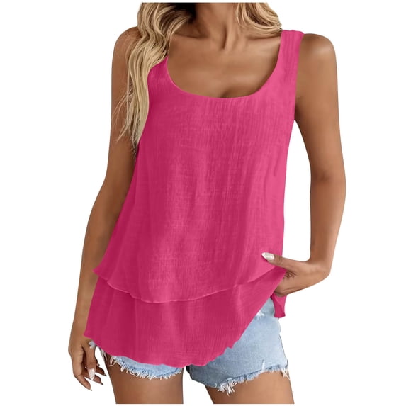 Staron Spring Summer Women's Casual Double Layer Strappy Tank Top Sleeveless Basic Fashion Loose Fit T-Shirt, Hot Pink XL
