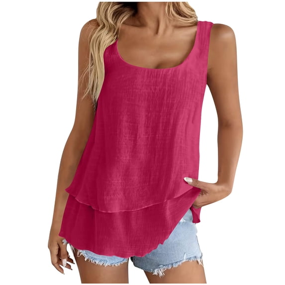 Staron Spring Summer Women's Double Layer Strappy Tank Top Casual Sleeveless Blouse Solid Color Fashion Loose Comfy Vacation Beach Travel, Pink XL