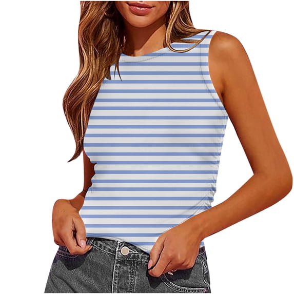 Staron Striped Tank Tops for Women Summer Sleeveless Crop Top Round Neck Casual Basic Fashion Beach Vacation Travel Loose Blouse, Light Blue M