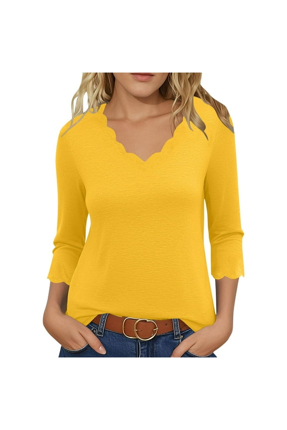 Summer Blouse for Women Casual V-Neck Quarter Sleeve Pullover Top Solid Color Loose Fit Vacation Beach Party, Yellow XXL