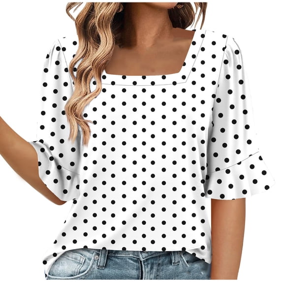 Staron Summer Blouses for Women Casual Polka Dot Square Neck Short Sleeve Fashion Tops Cute Trendy Tshirt Blouses, White XL