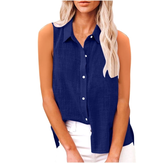Staron Summer Blouses for Women Casual Sleeveless Button Down Shirt Solid Color Side Slit Turn-Down Collar Tank Top, Blue XL