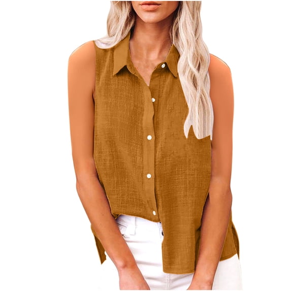 Staron Summer Blouses for Women Casual Sleeveless Button Down Shirt Solid Color Side Slit Turn-Down Collar Tank Top, Brown L