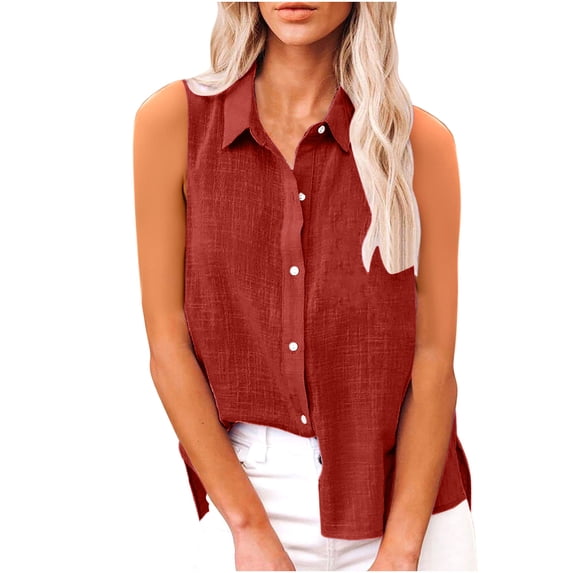 Staron Summer Blouses for Women Casual Sleeveless Button Down Shirt Solid Color Side Slit Turn-Down Collar Tank Top, Red S