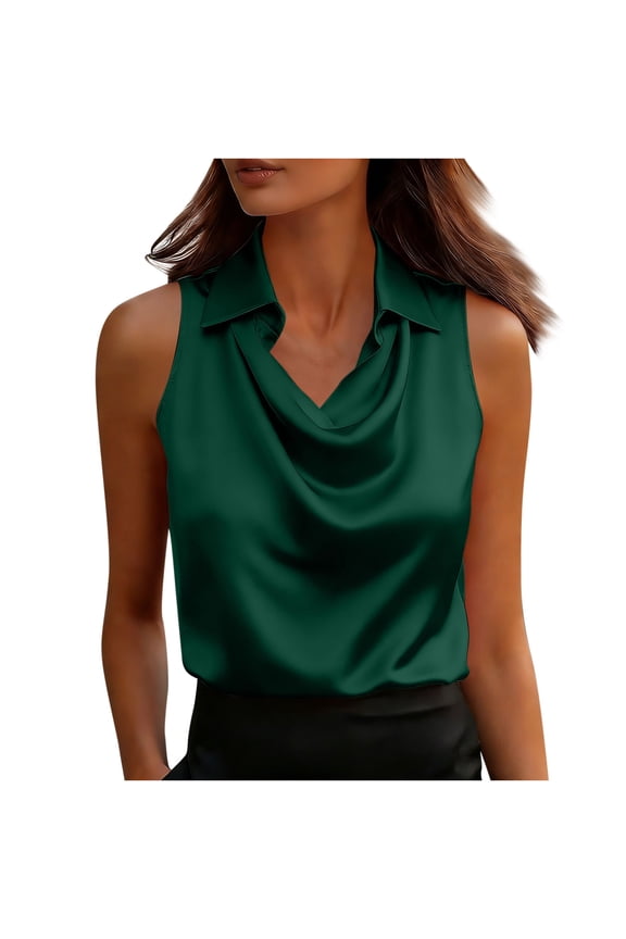 Summer Blouses for Women Elegant Sleeveless Lapel Hanging Collar Casual Fashion Top, Green M