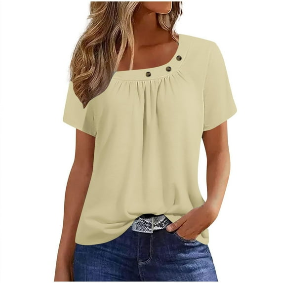 Staron Summer Casual Blouse for Women Short Sleeve Round Neck Button Down Shirt Solid Color Pullover Top, Beige L