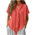 thumbnail image 1 of Staron Summer Casual Blouse for Women Vintage Lace V-Neck Button Down Shirt Loose Flowy Short Sleeve Top with Tie Strap, Watermelon Red XXL, 1 of 7