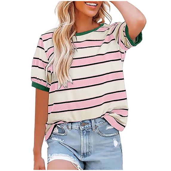 Staron Summer Casual Shirts for Women Striped Printed Short Sleeve Round Neck Basic Fashion Top, Pink M