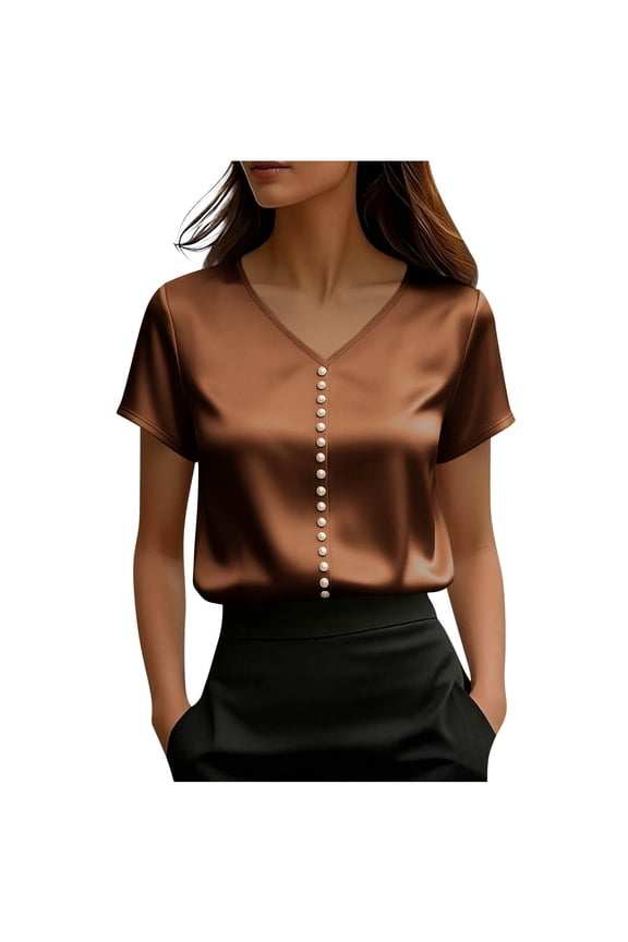 Summer Casual Tops for Women V-Neck Short Sleeve Pearl Embellished Loose Blouse Shirt, Brown L
