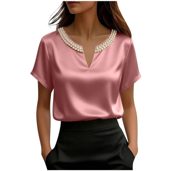 Staron Summer Casual Tops for Women V-Neck Short Sleeve Pearl Embellished Loose Blouse Shirt, Pink L
