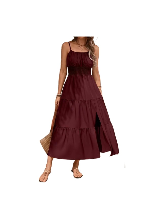 Summer Dresses for Women Bohemian Maxi Dress Square Neck Spaghetti Strap Smocked Waist Tiered Ruffle Slit Casual Beach Vacation Wedding Guest Dress, Wine XL
