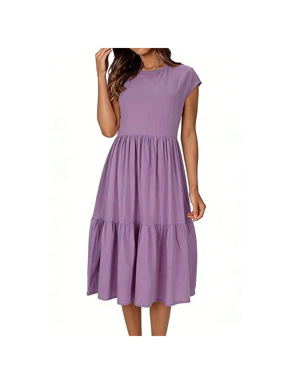 Summer Dresses for Women Casual Linen Dress Zipper Round Neck Short Sleeve Tiered A-Line Ruffled Elastic Waist Solid Color Beach Vacation, Purple L