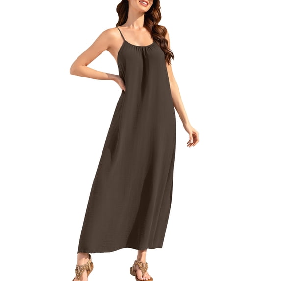 Staron Summer Dresses for Women Casual Sling Backless Dress Round Neck Sleeveless Loose Comfy Solid Color Homewear Ankle-Length Tank Dress, Coffee XXL