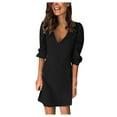 thumbnail image 1 of Staron Summer Dresses for Women Casual Denim Dress V Neck Short Sleeve A-Line Knee Length Jean Dress, Black XL, 1 of 6