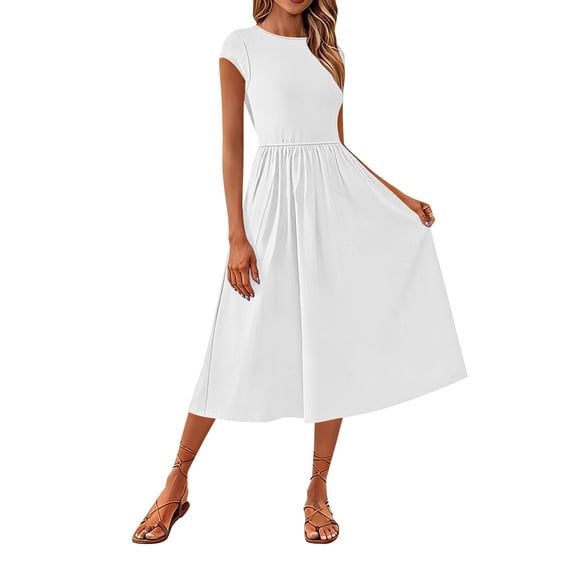 Staron Summer Dresses for Women Casual Flutter Sleeve Round Neck Solid Color Party Vacation Cocktail A-Line Elegant Dress, White L