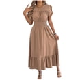 thumbnail image 1 of Staron Summer Dresses for Women Casual Solid Color Belted Waist Round Neck Short Sleeve Mid-Length Loose Fit Relaxed Lounge Dress, Khaki XL, 1 of 7