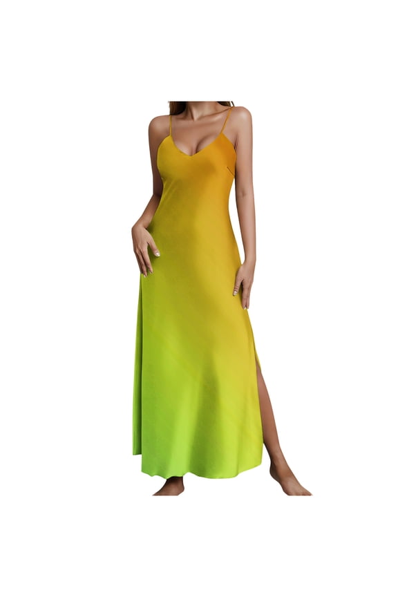 Summer Dresses for Women Casual V-Neck Sleeveless Split Hem Slit Gradient Printed Strap Tank Dress, XXL