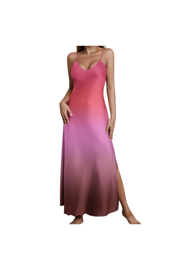 Summer Dresses for Women Casual V-Neck Sleeveless Split Slit Gradient Printed Strap Slip Dress, XL