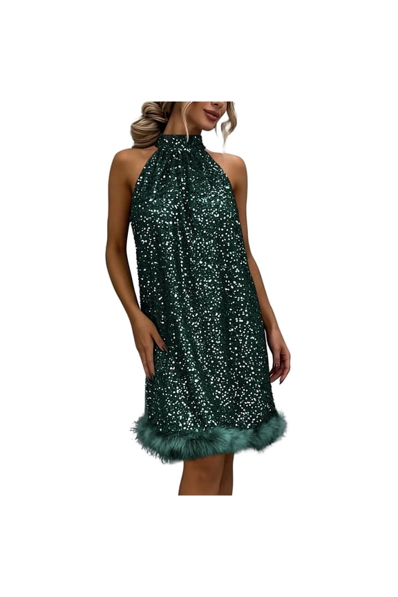 Summer Dresses for Women Halter Neck Sleeveless Off Shoulder Sequin Casual Party Cocktail Elegant Long Dress, Green XL