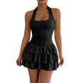thumbnail image 1 of Staron Summer Dresses for Women Halter Square Neck Sleeveless Bodycon Mini Dress Corset Waist Tiered Ruffle Party Cocktail Club Night Out, Black L, 1 of 6