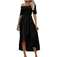 thumbnail image 1 of Staron Summer Dresses for Women Off Shoulder Casual Solid Color Irregular Hem Short Sleeve Round Neck Bandage Party Cocktail Dress, Black S, 1 of 7
