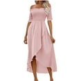 thumbnail image 1 of Staron Summer Dresses for Women Off Shoulder Casual Solid Color Irregular Hem Short Sleeve Round Neck Bandage Party Cocktail Dress, Pink L, 1 of 7