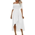 thumbnail image 1 of Staron Summer Dresses for Women Off Shoulder Casual Solid Color Irregular Hem Short Sleeve Round Neck Bandage Party Cocktail Dress, White M, 1 of 7
