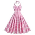 thumbnail image 1 of Staron Summer Dresses for Women Vintage Halter Neck Sleeveless Printed Cocktail Party Dress Cold Shoulder Stretchy A-Line Sundress, Pink M, 1 of 6