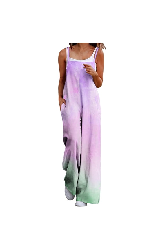 Summer Jumpsuits for Women Casual Loose Printed Tie-Dye Pockets Adjustable Back Strap V Neck Sleeveless Romper, Purple M