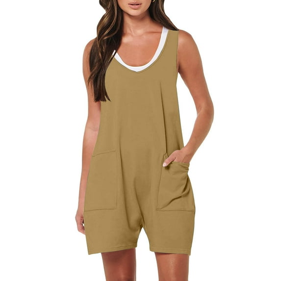 Staron Summer Jumpsuits for Women Casual Romper with Pockets Round Neck Short Sleeve Loose Fit Vacation Beach Shorts Jumpsuit, Khaki L