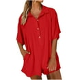 thumbnail image 1 of Staron Summer Jumpsuits for Women Casual Short Sleeve Button Up Romper with Pockets Lapel Shorts Comfy Vacation Beach Party Outfit, Red XXL, 1 of 7