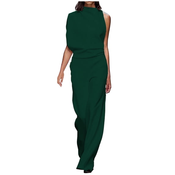 Staron Summer Jumpsuits for Women Casual Sleeveless Suspender Romper with Pockets Round Neck Solid Color Ankle-Length Jumpsuit, Green S