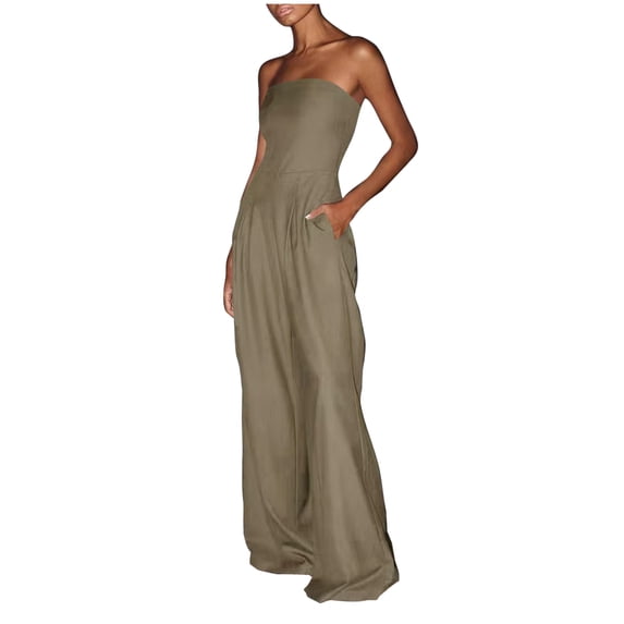 Staron Summer Jumpsuits for Women Casual Strapless Solid Color Long Jumpsuit with Pockets Fitted Sleeveless Romper, Khaki XXL