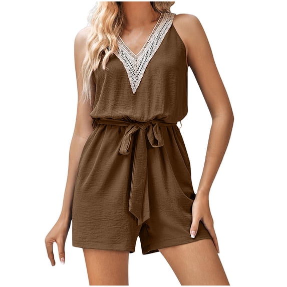 Staron Summer Jumpsuits for Women Casual V Neck Sleeveless Short Romper Solid Print Tie Waist Loose Fit Party Vacation Jumpsuit, Coffee XL