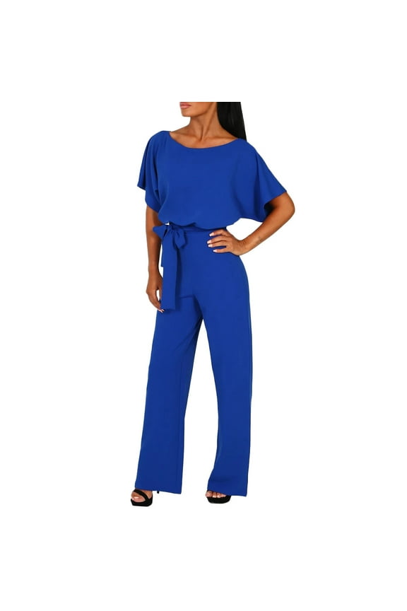 Summer Jumpsuits for Women Playsuit Clubwear Casual Short Sleeve Belted Straight Leg Romper, Blue XL