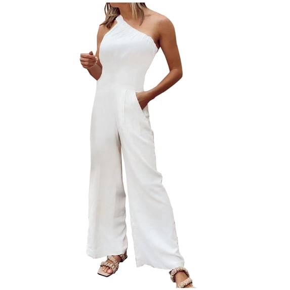 Staron Summer Jumpsuits for Women Sling Off Shoulder Casual Loose Solid Color with Pockets Long Pants Romper, White L