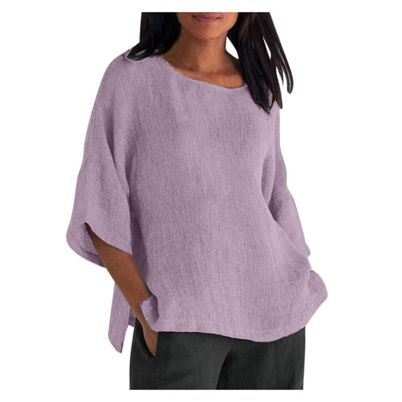 Staron Summer Linen Tops for Women Casual Round Neck Loose Cropped Sleeve Blouse Shirt, Purple S