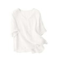 thumbnail image 1 of Staron Summer Loose V-Neck Blouses for Women Casual Cotton Linen Short Sleeve Solid Color Comfortable Breathable Pullover Tops, White L, 1 of 3