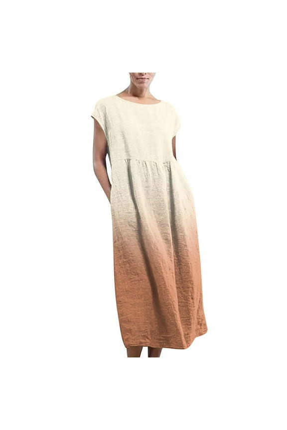 Summer Maxi Dresses for Women Vintage Printed Sleeveless Round Neck Linen Loose Kaftan Dress with Pockets, Orange M