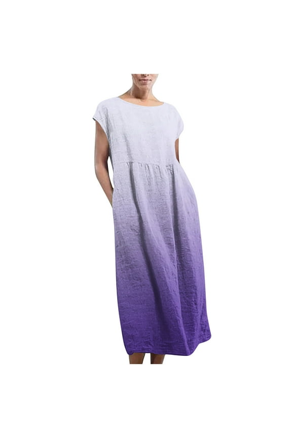 Summer Maxi Dresses for Women Vintage Printed Sleeveless Round Neck Linen Loose Kaftan Dress with Pockets, Purple M