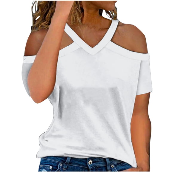 Staron Summer Off Shoulder Tops for Women Casual V Neck Short Sleeve Shirt Blouse Fashion Solid Color Party Vacation Travel Loose Comfy, White S