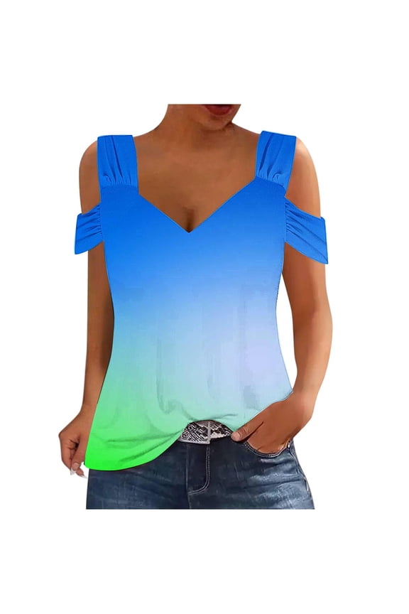 Summer Off Shoulder Tops for Women V Neck Short Sleeve Blouse Casual Vacation Beach Ruffled Elastic Waist Fashion Top, Green S