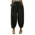 thumbnail image 1 of Staron Summer Pants for Women Casual Linen Cotton Elastic High Waist Harem Trousers with Pockets Loose Boho Relaxed Cropped Cuffed Ankle Pants, Black XL, 1 of 5
